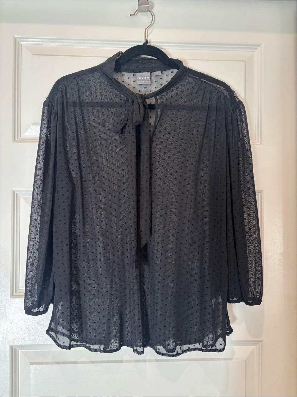 Soho New York & Company Black Sheer Swiss Dot Tie-Neck Blouse